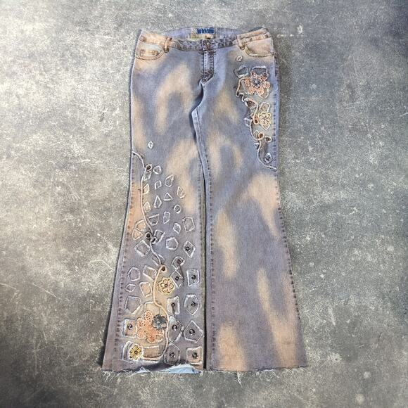 Do It Yourself Wide Leg Flare Jeans Womens 32 Tan Brown Embroidered Studded Y2K - Picture 1 of 9